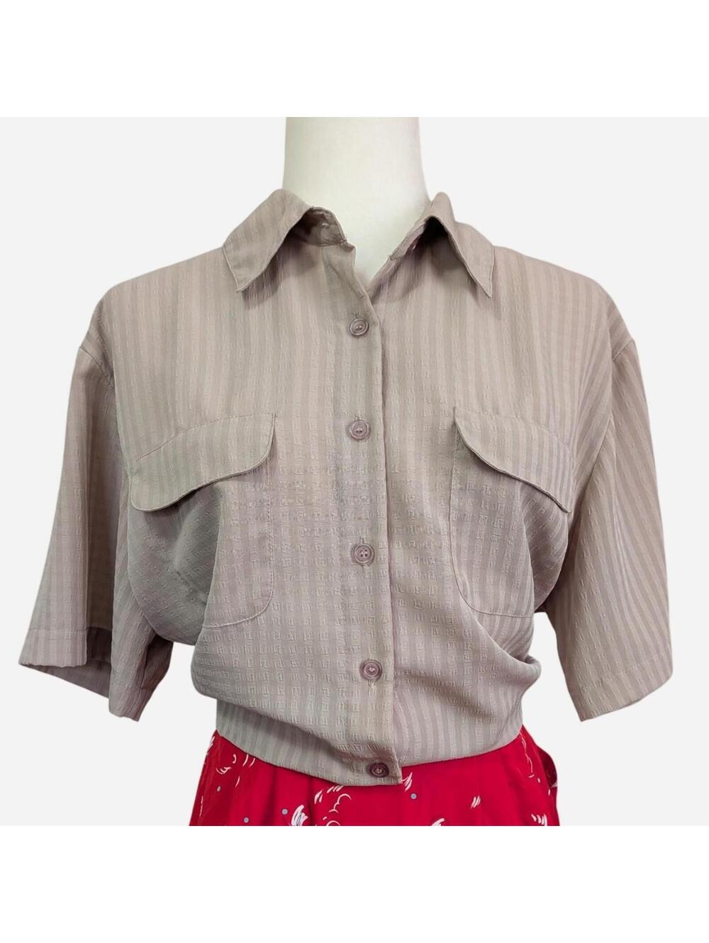 1980s/90s Joanna Taupe Tone-On-Tone Stripe Dolman Short Sleeve Blouse Size M/L